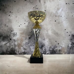 idrottspris pokal guld med silverinslag och svart marmorfot 8233A