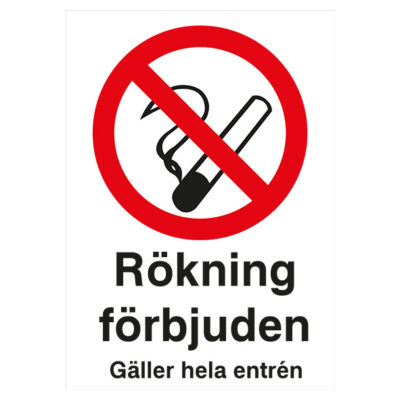 Förbudsskylt Rökning förbjuden gäller hela entrén