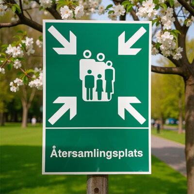 Skylt Återsamlingsplats med pilar