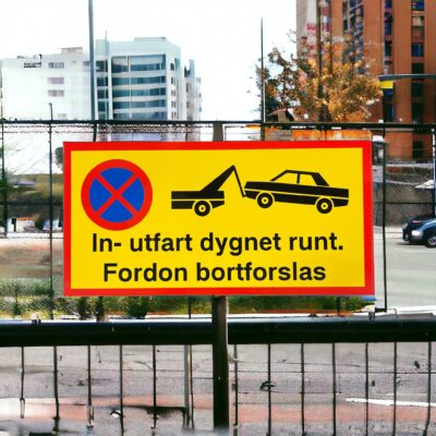 Skylt In och utfart dygnet runt fordon bortforslas