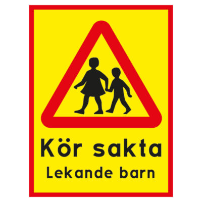 Varningsskylt Kör sakta Lekande barn