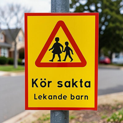 Varningsskylt som varnar för Lekande barn kör sakta