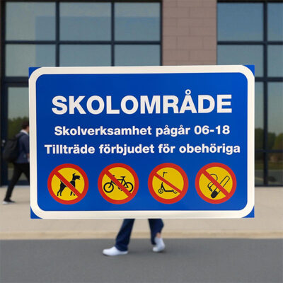 Skylt Skolområde skolverksamhet pågår tillträde förbjudet för obehöriga