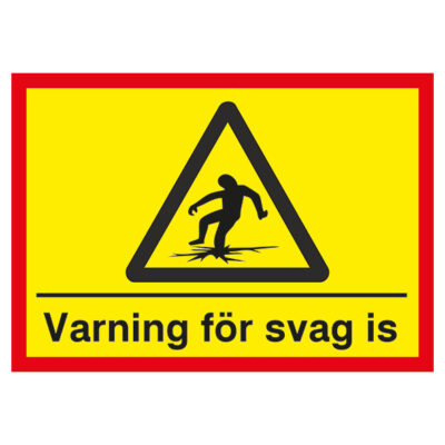 Varningsskylt Varning för svag is med röd ram gubbe går genom isen