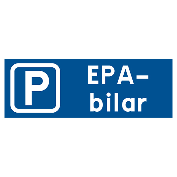 Enskild plats EPA-bilar Parkeringsskylt blå med vit text