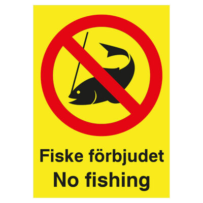 Förbudsskylt Fiske förbjudet No fishing gul bakgrund