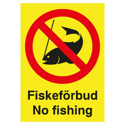 Förbudsskylt Fiskeförbud No fishing gul bakgrund