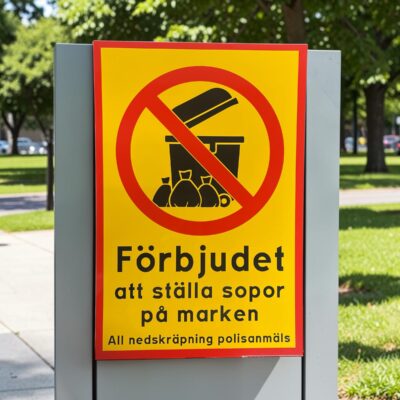 Förbudsskylt Förbjudet att ställa sopor på marken all nedskräpning polisanmäls