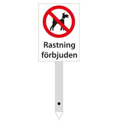Skylt för montering i marken t tex gräsmatta Rastning förbjuden vit bakgrund vit förbudssymbol