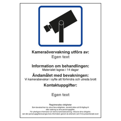 Skylt Kameraövervakning GDPR-anvisningar med egen text