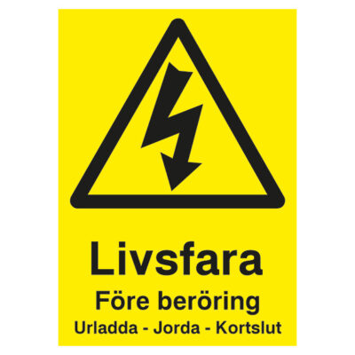 Varningsskylt Livsfara före beröring urladda jorda kortslut